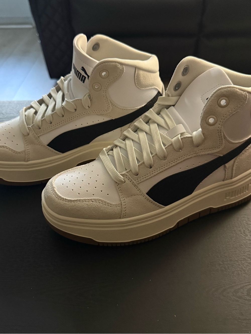 Puma High-Top Sneakers in White, Black, Tan